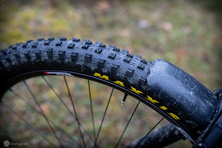 Close-up of a mountain bike tire showcasing its rugged tread pattern and branding. The image captures the tire's details, including the sidewall and valve, against a blurred natural background.