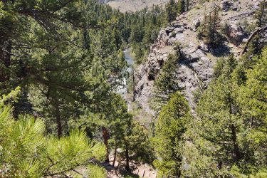 A scenic view of a river flowing through a rocky, forested landscape, surrounded by tall pine trees and rugged terrain under a clear blue sky. Walker Ranch mountain bike trail.