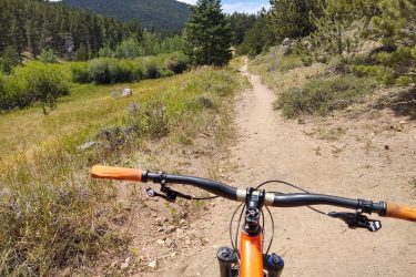 A view of a mountain biking trail from the perspective of the handlebars of a bike, featuring a clear dirt path winding through a grassy landscape with trees and mountains in the background under a partly cloudy sky. Lion Gulch mountain bike trail.
