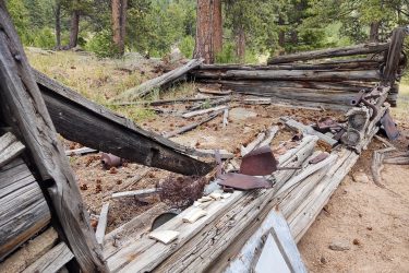 A close-up view of the remains of a weathered wooden structure in a forested area. The scene includes broken logs, scattered debris, and rusty metal pieces on the ground, surrounded by pinecones and grass. Tall trees are visible in the background, contributing to the natural setting. Lion Gulch mountain bike trail.