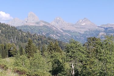 A panoramic view of rugged, mountainous terrain under a clear blue sky, featuring prominent peaks in the background and a forested landscape in the foreground. Grand Targhee Bike Park mountain bike trail.