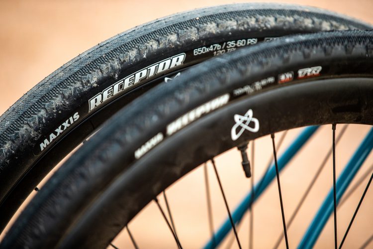 Close-up image of two Maxxis Receptor bicycle tires, displaying their tread patterns and specifications, including size and pressure ratings. The background is softly blurred, highlighting the details of the tires.