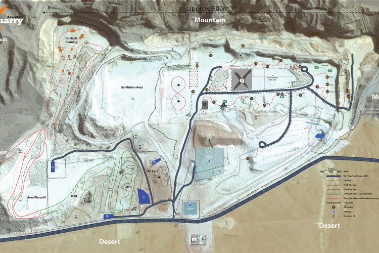 A detailed park layout map of X Adventure Quarry, featuring various paths and facilities including an exhibition area, obstacle running course, and areas designated for mountain biking (MTB) and RC cars. The map highlights different terrains such as mountains and desert, with marked paths, obstacles, and directional indicators for visitors. Scale and distance indicators are included for navigation. XQuarry Adventure Park mountain bike trail.