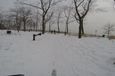 A snowy pathway lined with bare trees leads toward a waterfront park. In the background, a few people can be seen walking along the path, with lamp posts and grassy areas visible. The sky is overcast, creating a tranquil winter ambiance. West Street Greenway mountain bike trail.
