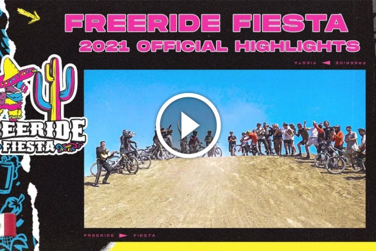 A promotional image for the "Freeride Fiesta 2021," featuring a group of mountain bikers gathered at the top of a hill, with a bright blue sky in the background. The design includes vibrant graphics, such as a sombrero, cactus, and the event's logo. A play button indicates that this is a video showcasing the official highlights of the event.