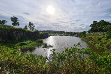 A tranquil landscape featuring a calm body of water surrounded by lush greenery and rocky cliffs under a partly cloudy sky. The sun is shining brightly, reflecting on the water's surface, while trees and plants frame the scene. In the background, buildings and power lines are visible, adding a sense of depth to the peaceful setting. Bukit batu trail park mountain bike trail.