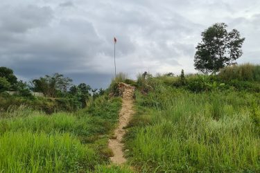 A pathway leads through tall grass towards a hill topped with a flag under a cloudy sky. The landscape is lush with greenery, featuring a mix of shrubs and taller plants on either side of the dirt path. Bukit batu trail park mountain bike trail.