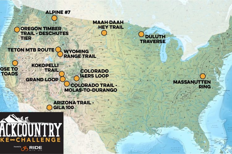 Map depicting various mountain biking trails across the United States for the Backcountry Bike Challenge, including highlighted routes such as the Oregon Timber Trail, Kokopelli Trail, and Duluth Traverse, among others. The map features geographic details and is branded with the Backcountry Bike Challenge logo at the bottom.