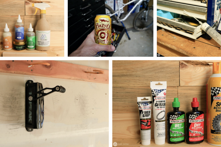 A collage of various bicycle maintenance products and tools. The top left shows a selection of colorful bicycle lubricants and cleaners arranged on a wooden surface. The top center features a person holding a can of Hazy IPA beer in front of a bike. The top right displays a syringe next to an assortment of tools in a drawer. The bottom left shows a bike multi-tool mounted on a wall. The bottom right presents several tubes and bottles of Finish Line bicycle maintenance products, including degreasers and lubricants, against a wooden backdrop.