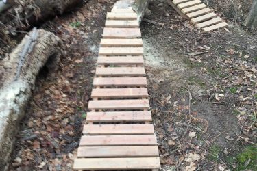 A wooden path constructed from planks, winding through a forested area with fallen leaves and trees. The pathway is elevated above the ground, connecting to a larger log on one side and leading through the trees ahead. Swance Drain mountain bike trail.