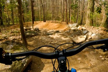 A view from the handlebars of a mountain bike descending a rocky trail in a forest. The path is lined with large rocks and dirt, surrounded by trees and greenery in the background. Moontower mountain bike trail.