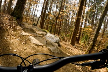 A close-up view from the handlebars of a mountain bike navigating a rocky trail in a forest. The ground is covered in dirt and scattered leaves, with large rocks protruding along the path. Surrounding trees display autumn foliage, creating a vibrant backdrop. Moontower mountain bike trail.