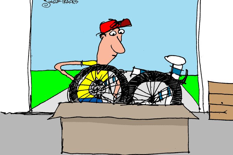 A cartoon of a smiling man in a red cap assembling two bicycle wheels from a large cardboard box. The background features an open garage with a view of green grass and a blue sky. The caption at the bottom reads "Bikepacking."