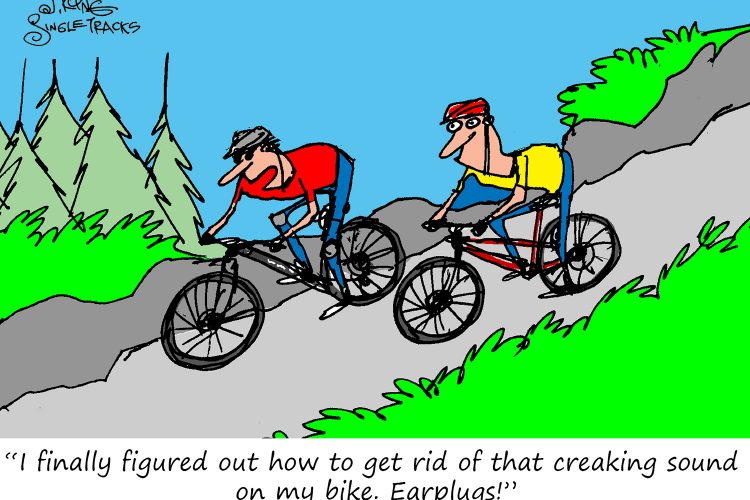 A cartoon illustration of two cyclists on a mountain trail. The cyclist in red is making a humorous remark about solving a creaking sound on his bike by using earplugs. The background features green trees and a blue sky, adding a lively outdoor atmosphere.