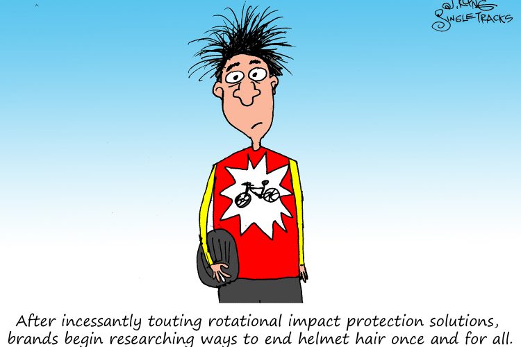 A cartoon character with messy hair wearing a bright red shirt featuring a bicycle design. He looks slightly bewildered and is holding a bicycle helmet. The background is a gradient of blue sky. The caption humorously discusses brands researching ways to prevent "helmet hair" after promoting protective helmet features.