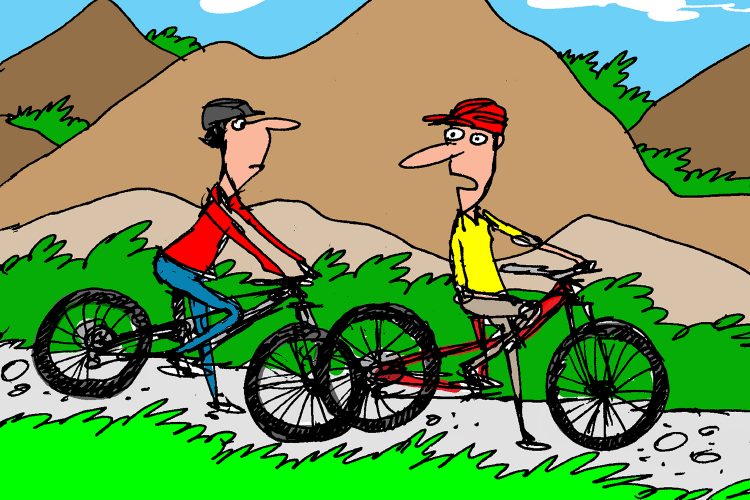Two cartoon cyclists are depicted on a dirt trail with green foliage and mountains in the background. One cyclist wears a red shirt and black cap, while the other is dressed in yellow with a red cap. The scene includes a speech bubble with the text: "We don’t want to give her too much credit. Let’s just say she has the fastest KNOWN time."