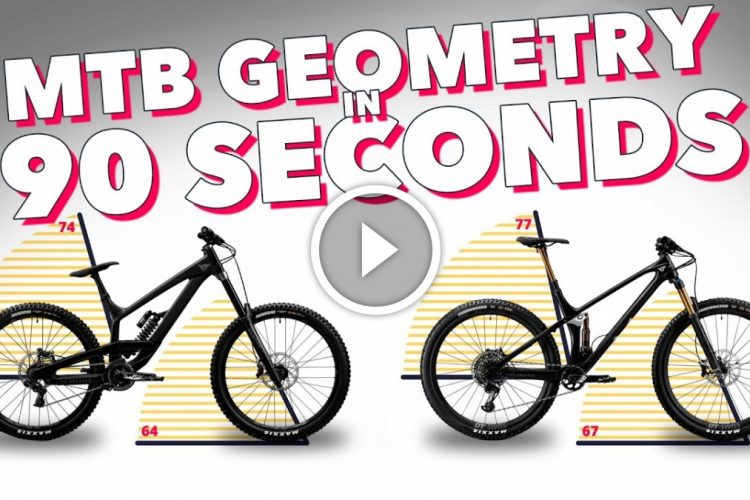 Illustration depicting two mountain bikes side by side, with overlay text reading "MTB GEOMETRY IN 90 SECONDS." Each bike is accompanied by numerical values indicating their geometry angles, with a play button icon in the center suggesting it's a video. The background features a gradient effect with geometric shapes.
