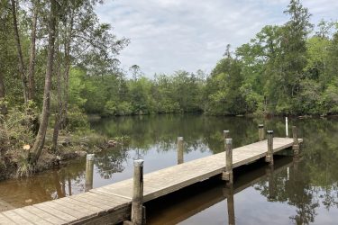 A wooden dock extends into a calm, reflective body of water, surrounded by lush greenery and trees. The sky is partly cloudy, creating a serene natural setting. Chickasabogue Park mountain bike trail.