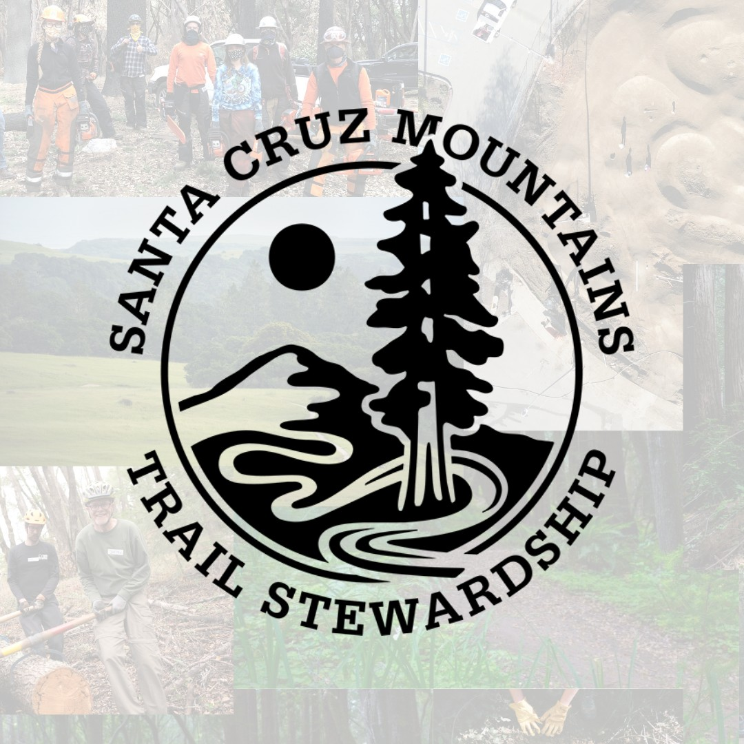 Logo for Santa Cruz Mountains Trail Stewardship featuring a stylized tree, mountains, and river, surrounded by a circular border with the organization