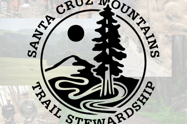 Logo of the Santa Cruz Mountains Trail Stewardship featuring a tall tree, mountains, and a river, surrounded by images of outdoor activities and trail maintenance volunteers working in natural settings.