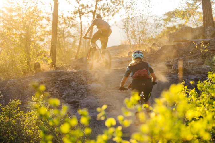 Two mountain bikers navigate a rocky trail in a sunlit forest, with dust rising around them. The foreground features a rider with a blue helmet and backpack, while the background shows another cyclist ascending the trail. Surrounding foliage adds vibrant green and yellow hues to the scene.