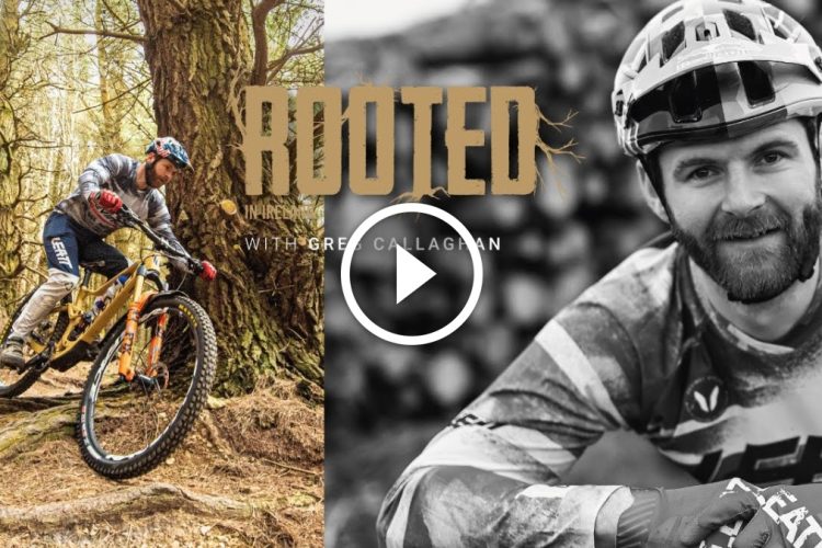 A mountain biker navigating a trail through a forest, showcasing dynamic bike handling skills, alongside a promotional graphic for a video series titled "Rooted," featuring a smiling man in biking gear. The left side of the image depicts the biker in action, while the right side includes a close-up of the man with a beard, both portions unified by the graphic overlay.