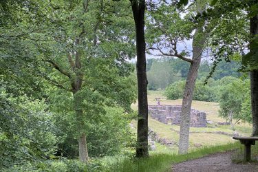 A winding dirt path surrounded by lush greenery leads through trees towards a grassy clearing, where a stone structure is partially visible in the distance. The scene is peaceful, with a figure standing near the ruins, set against a backdrop of trees and an overcast sky. Vita slingan mountain bike trail.