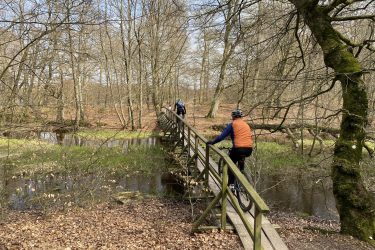 Two cyclists cross a wooden bridge in a wooded area. The landscape is mostly bare, with trees in early spring. A small body of water is visible alongside the bridge, and the ground is covered with dried leaves. Vita slingan mountain bike trail.