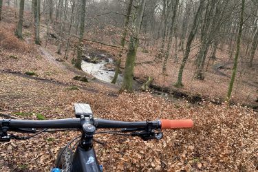 A mountain bike handlebar is shown in the foreground, pointing toward a scenic view of a forest landscape. The ground is covered in brown fallen leaves, and there are bare trees in the background with a small stream running through the woods. The atmosphere is serene and slightly misty, suggesting a cool, overcast day. Vita slingan mountain bike trail.