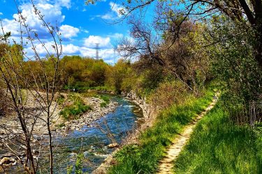 A scenic view of a winding river bordered by lush greenery and a dirt path on one side. The bright blue sky is dotted with fluffy white clouds, and trees with budding leaves frame the scene. Etobicoke Creek mountain bike trail.