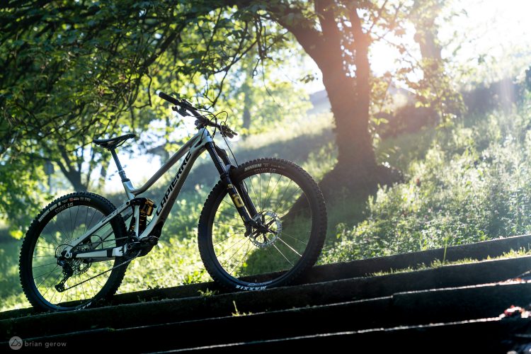 A mountain bike leaning against a set of stairs in a lush green setting, dappled with sunlight filtering through trees in the background. The bike features a sleek design, showcasing its frame, tires, and suspension components.