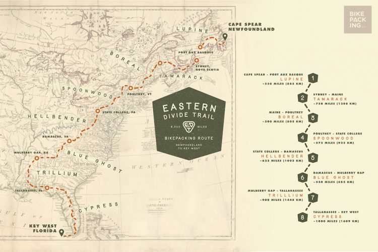 Map of the Eastern Divide Trail, a bikepacking route stretching approximately 5,000 miles from Cape Spear, Newfoundland, to Key West, Florida. Key locations include Lupine, Tamarack, Boreal, Spoonwood, Hellbender, Blue Ghost, Trillium, and Cyprus, each marked with distance annotations. The map features a vintage aesthetic with geographic details and routes highlighted in a distinctive orange.