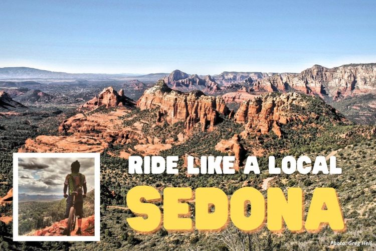A scenic view of Sedona, Arizona, showcasing its iconic red rock formations and lush greenery. In the foreground, a person with their back to the camera is positioned on a rocky path, looking out over the landscape. The image features the text "Ride Like a Local" and "Sedona" prominently displayed.