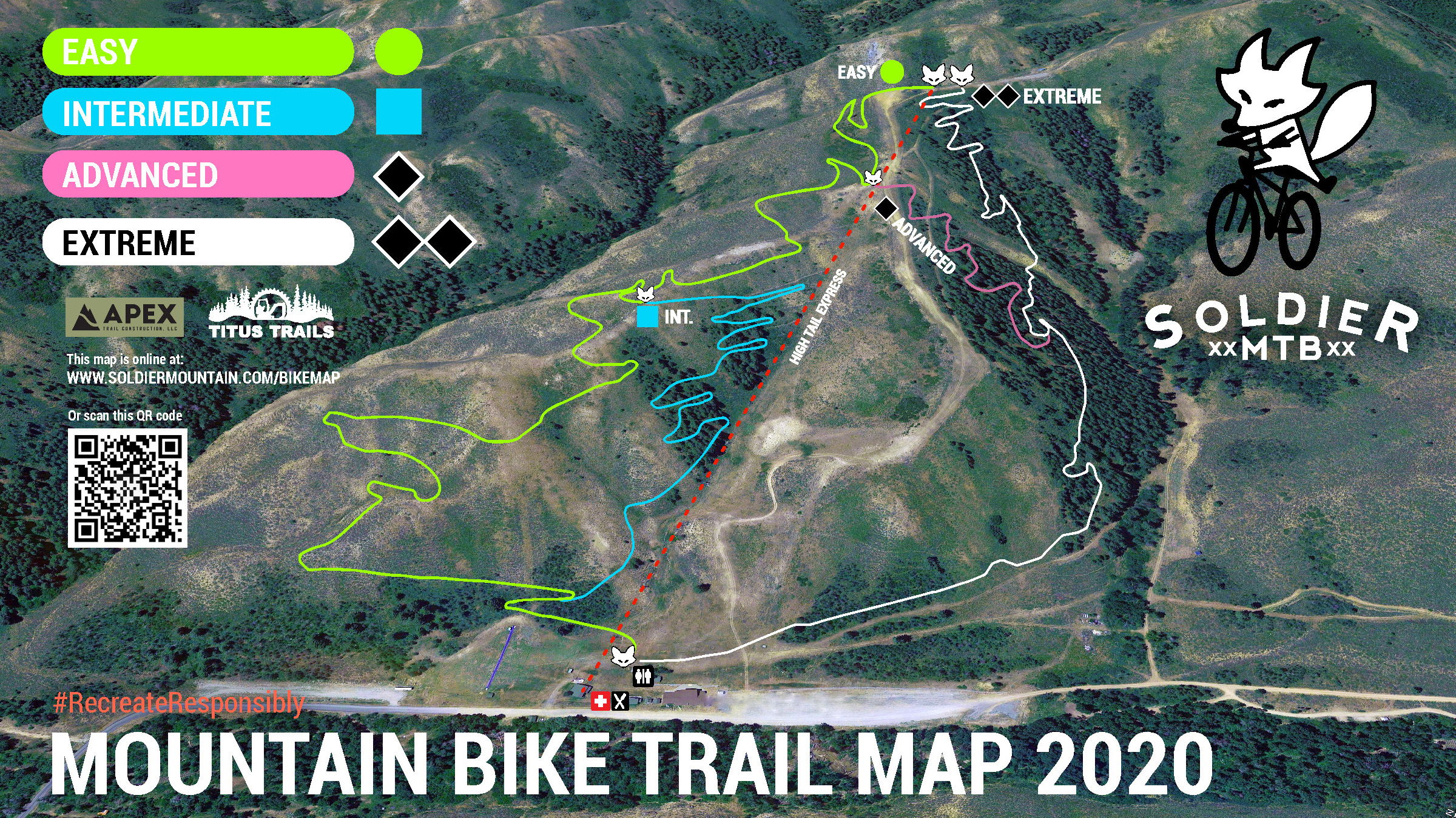 A colorful mountain bike trail map for Soldier Mountain, indicating various difficulty levels: easy (green), intermediate (blue), advanced (pink), and extreme (black). The map includes an aerial view of the trails, landmarks, and a QR code for online access. The design features a playful fox illustration and a "#RecreateResponsibly" message at the bottom. Soldier Mountain mountain bike trail.