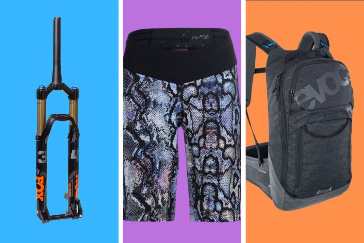 Image featuring three items arranged in a row on colorful backgrounds: a mountain bike fork on the left, a pair of patterned athletic shorts in the center, and a backpack on the right. The background for the fork is blue, the shorts are set against a purple background, and the backpack is displayed on an orange background.