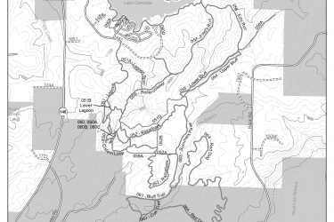 Map of Lake Glendale Mountain Bike Trails, displaying various trails, access points, roads, and landmarks in black and white. Key features include Lake Glendale, Dixon Springs State Park, and designated hiking/mountain bike trails, along with a legend indicating trail types and closed roads. Lake Glendale mountain bike trail.