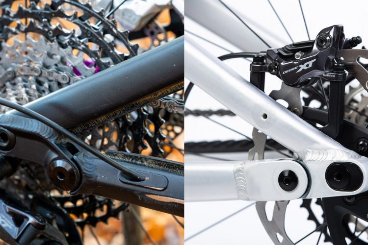 Alt text: Close-up images of two bicycle rear suspension systems side by side. The left side features a black component with a chain and derailleur, while the right side shows a silver component with a Shimano XT derailleur and disc brake.