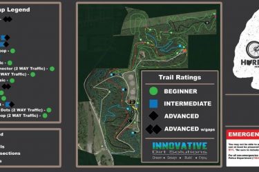 Map of Horns Hill biking and hiking trails in Newark, Ohio, featuring different trail ratings (beginner, intermediate, advanced) and legend for trail types, including jumps, flow trails, and connectors. The map highlights amenities such as playgrounds and restrooms, along with emergency contact information. Horns Hill Park mountain bike trail.