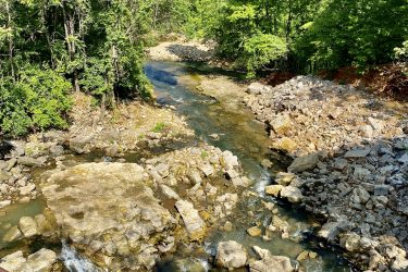 A serene view of a rocky stream winding through a lush green forest, surrounded by vibrant trees under a clear blue sky. The foreground features various sizes of stones and clear water flowing gently, creating a tranquil natural landscape. Lake Fayetteville Trail mountain bike trail.