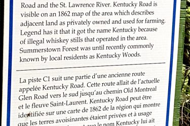 A sign titled "Kentucky Road" describing Trail C1, which follows part of an abandoned road named Kentucky Road. The sign provides historical context, stating it ran from Glen Road to Old Montreal Road and the St. Lawrence River. It mentions the road's presence on an 1862 map and its association with illegal whiskey stills in the area, along with its local name, Kentucky Woods. The text is provided in both English and French. Summerstown Trails mountain bike trail.