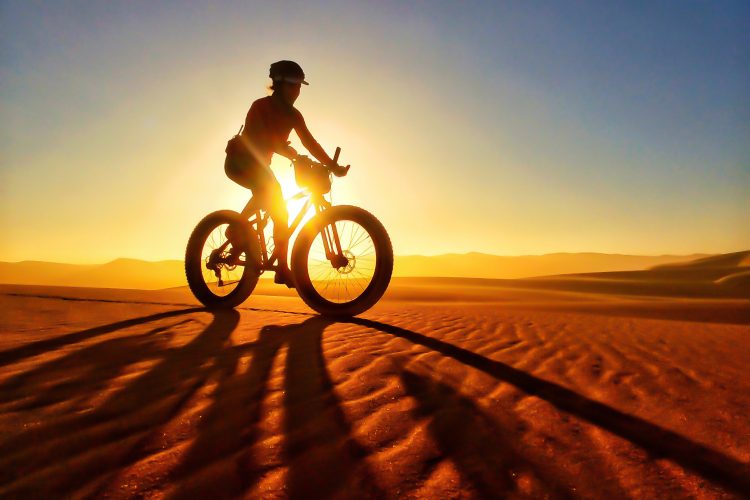 A silhouette of a person riding a fat bike across a sandy desert landscape at sunset, with golden light illuminating the scene and long shadows cast on the dunes.