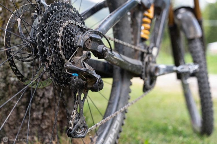 Close-up view of a bicycle's rear cassette and derailleur, showcasing the gears and chain against a blurred background of grass and a tree trunk. The bike features a black and silver color scheme, with visible dirt and wear on the components.