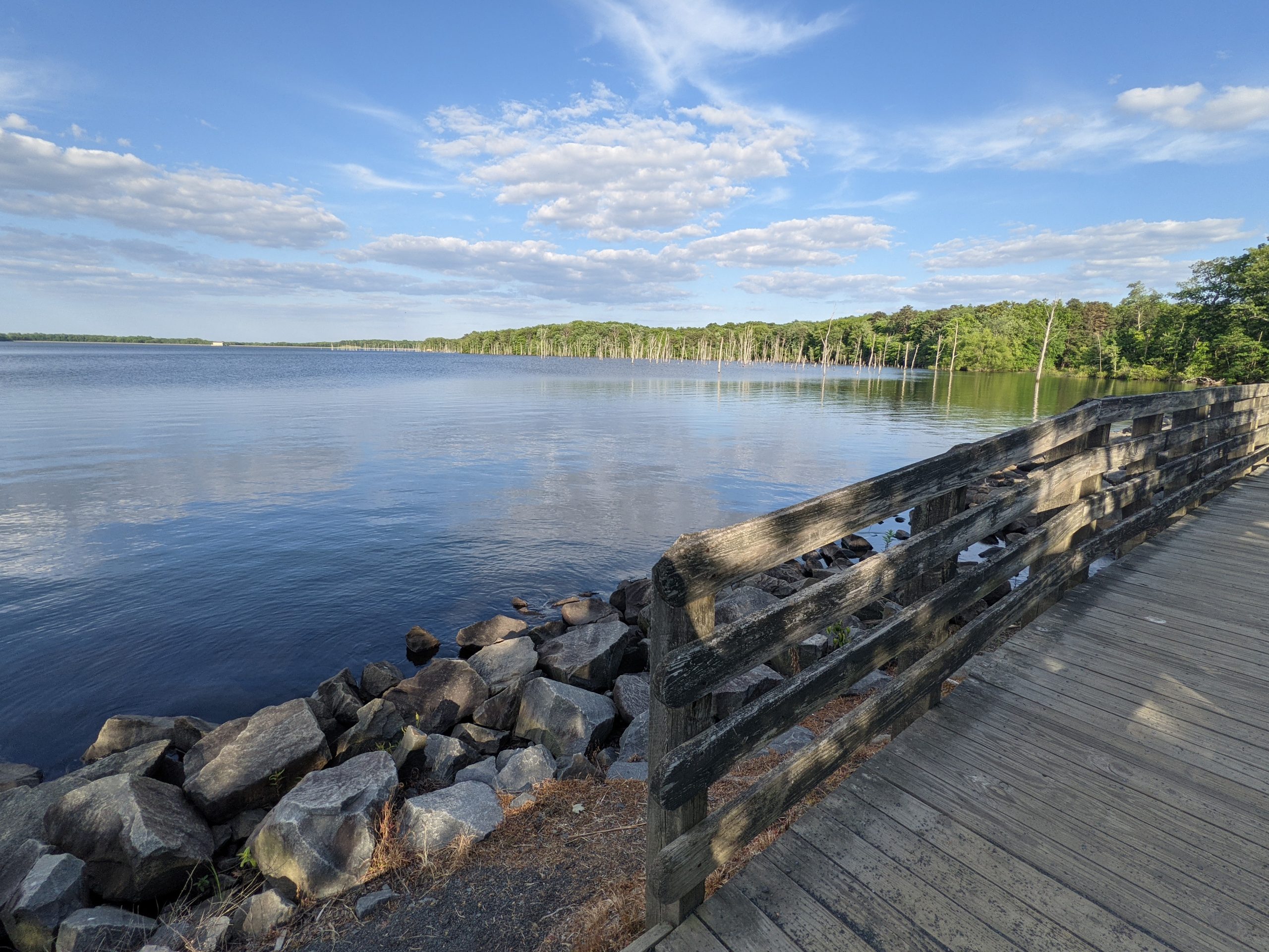 A scenic view of a calm lake surrounded by lush green trees under a partly cloudy sky. In the foreground, a wooden walkway leads along the water’s edge, with large, smooth stones along the shore. The reflection of the trees and clouds can be seen in the still water, creating a peaceful atmosphere. Manasquan Reservoir mountain bike trail.