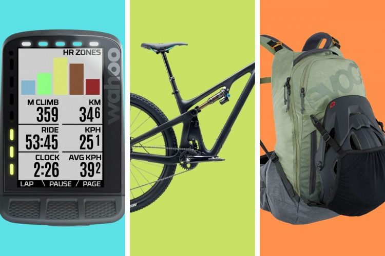 Image alt tag: A fitness device displaying heart rate zones and cycling metrics, a black mountain bike frame against a green background, and a green backpack with a helmet attached, set against an orange background.