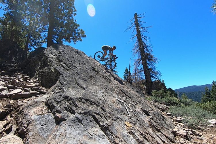 A mountain biker launching off a rocky ledge against a clear blue sky, surrounded by trees and distant mountains.