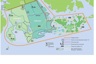 Map of a wildlife refuge showing various trails and areas. Key features include Cuddo West and Cuddo East regions, paths for bicycles and foot access, canoe trails, and specific boundaries for restricted areas. Additional notations indicate the location of an information kiosk and interpretive markers. The map highlights the proposed Plantation Islands Wilderness Area and specifies seasonal access restrictions. Federal Refuge (Cuddo Unit) mountain bike trail.