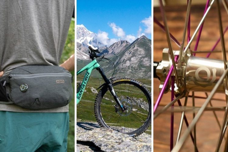 Image showing three distinct sections: on the left, a person wearing a gray shirt and a fanny pack; in the center, a teal mountain bike positioned against a backdrop of mountains and blue sky; on the right, a close-up of a bike hub with colorful spokes.