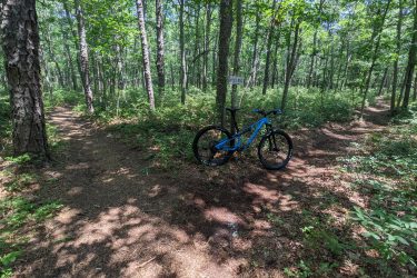 A blue mountain bike is parked on a dirt trail surrounded by green foliage and trees in a forest. Two paths diverge in front of the bike, and a sign labeled "Nucleus" is visible in the background. Sunlight filters through the leaves, creating a dappled effect on the ground. Seaview Trails Main loop mountain bike trail.