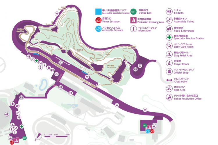 Map of the venue layout, including marked areas for entrances, exits, accessible seating, food and beverage stands, restrooms, a medical station, and other facilities such as a prayer room and dog relief area. The map features a detailed overview of pathways and locations within the venue.