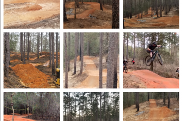 A collage of nine images showcasing a dirt bike park. The top row features various biking trails with dirt jumps and turns surrounded by tall pine trees. The middle row includes a view of freshly shaped jumps, construction equipment, and smooth trails. The bottom row displays a scenic view of the park, including a close-up of an orange dirt path and riders in action, emphasizing the excitement of mountain biking. Bogue Chitto State Park mountain bike trail.